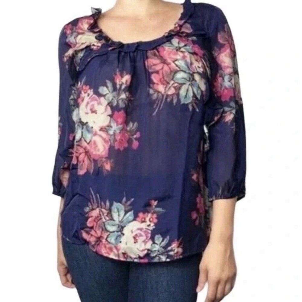 Coquette Anthro Leifsdottir Silk Sheer Floral Ruffle Blouse Fairycore Top 0